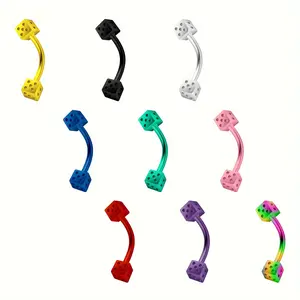 1pc Stainless Steel Curved Barbell Eyebrow Stud Earrings with Double Dice Design - Unique Body Jewelry for Parties & Gifts, Available in 8 Colors (Yellow, Black, White, Red, Blue, Green, Pink, Purple), Cute Earrings lip ring