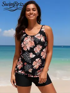 Briza｜Women's Tropical Floral Tankini Set - Ruched U Neck Tank Top With Boyshort Bottoms, Tummy Control Modest Swimwear For Beach & Pool