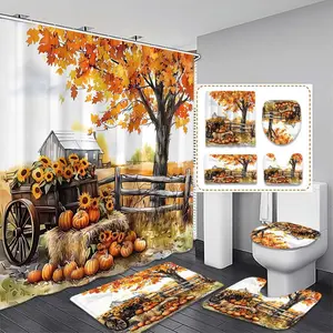 Thanksgiving Harvest Festival Pumpkin Shower Curtain Set, Includes Hooks, Perfect Housewarming Gift, Bathroom Decor, Halloween Decoration