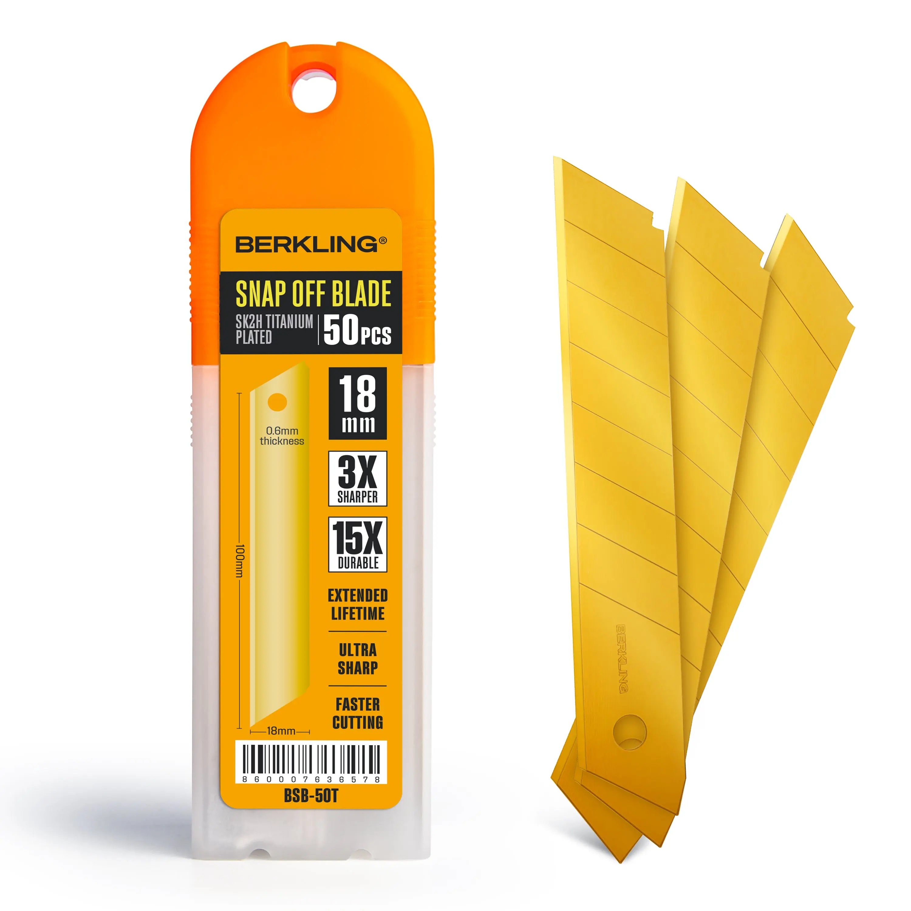 Berkling 18mm Utility Knife Blades – 50 PCS Titanium-Plated SK2H Steel with Snap-Off Edge