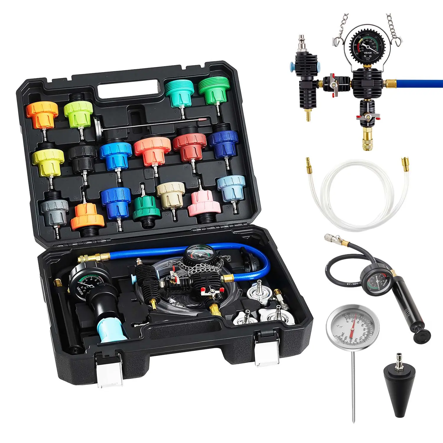 【summerfinds】VEVOR Coolant Pressure Tester Kit, Summervibes,Summervibes, 47Pcs Radiator Vacuum Refill Kit with 3 Metal Adapters, Universal Fit, Automotive Cooling System Pressure Tester Tool, with Pressures Pump & Plastic Filler