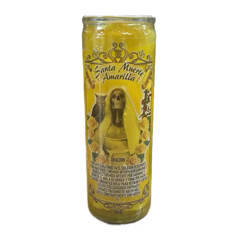 Santa Muerte Amarilla Gel Candle for Prosperity Success Good Luck and Financial Stability in Glass Jar with Slow Long Lasting Burn