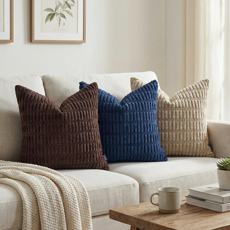 Ellalora Pack of 2 Corduroy Throw Pillow Covers 18x18 Corn Striped Decorative Cushion Cases Boho Ribbed Texture Velvet Pillow Shells for Sofa Couch Bed Living Room Modern Farmhouse