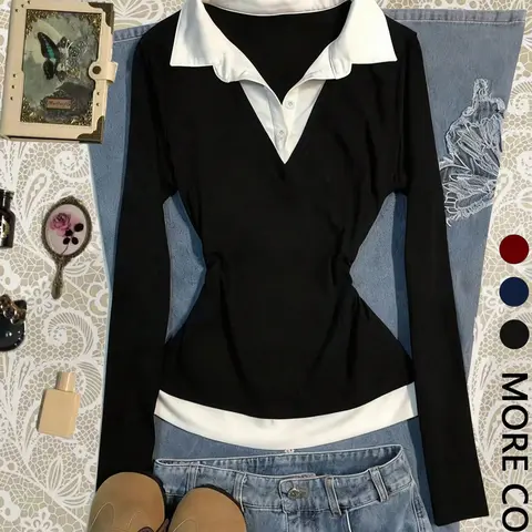 Women's Casual Colorblock Shirt Collar Long Sleeve Top, Stylish Daily Wear, Perfect for Spring & Fall, Casual Fall Fashion