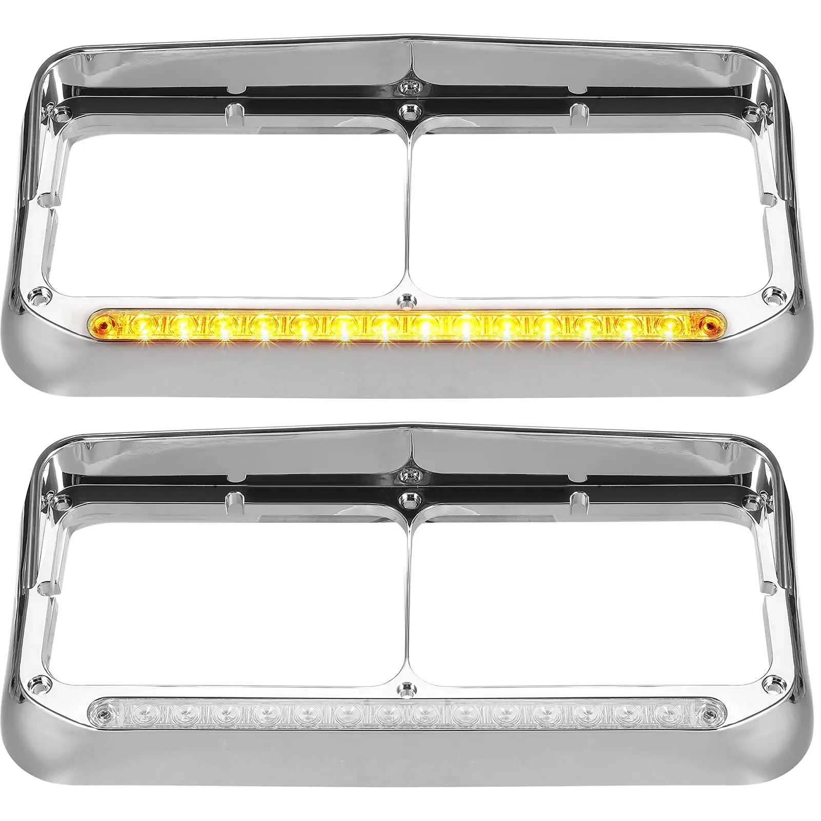 Partsam 2x Headlight Bezels Chrome w/Visor 12" Clear/Amber LED Light Strip Replacement for 4x6 Lights Kenworth T400 T600 T800 W900B W900L Peterbilt 378 379 Western Star 4900 Freightliner Semi Trucks