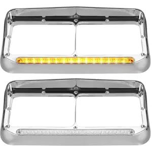 Partsam 2x Headlight Bezels Chrome w/Visor 12" Clear/Amber LED Light Strip Replacement for 4x6 Lights Kenworth T400 T600 T800 W900B W900L Peterbilt 378 379 Western Star 4900 Freightliner Semi Trucks