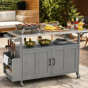 Foldable Outdoor Kitchen Island Cart with Lockable Wheels, Stainless Steel Top, Fir Wood Frame, Storage Cabinet, Towel Rack, Adjustable Shelf, for Patio Garden BBQ, Grey, Grey Color Options, Wood + Stainless Steel Material, American Design Style