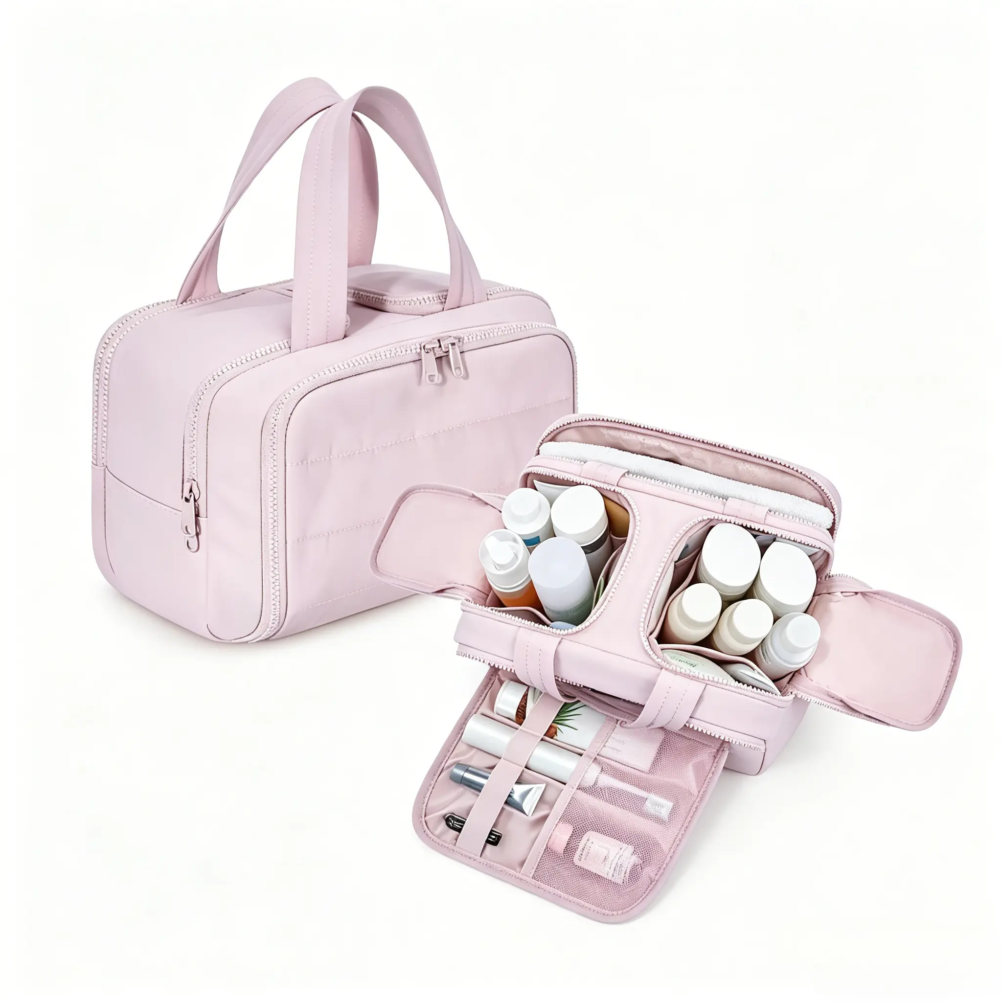 Large Capacity Portable Makeup Bag - Zipped Travel Bag with Waterproof Washable Fabric, Multi-Functional Partitions, New Design Handheld Cosmetic Organizer Pouch for Travel Use, Bag Travel Bags