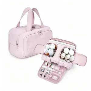 Large Capacity Portable Makeup Bag - New Design Handheld Travel Cosmetic Organizer Pouch with Waterproof Washable Fabric, Multi-Functional Partitions for Travel Use