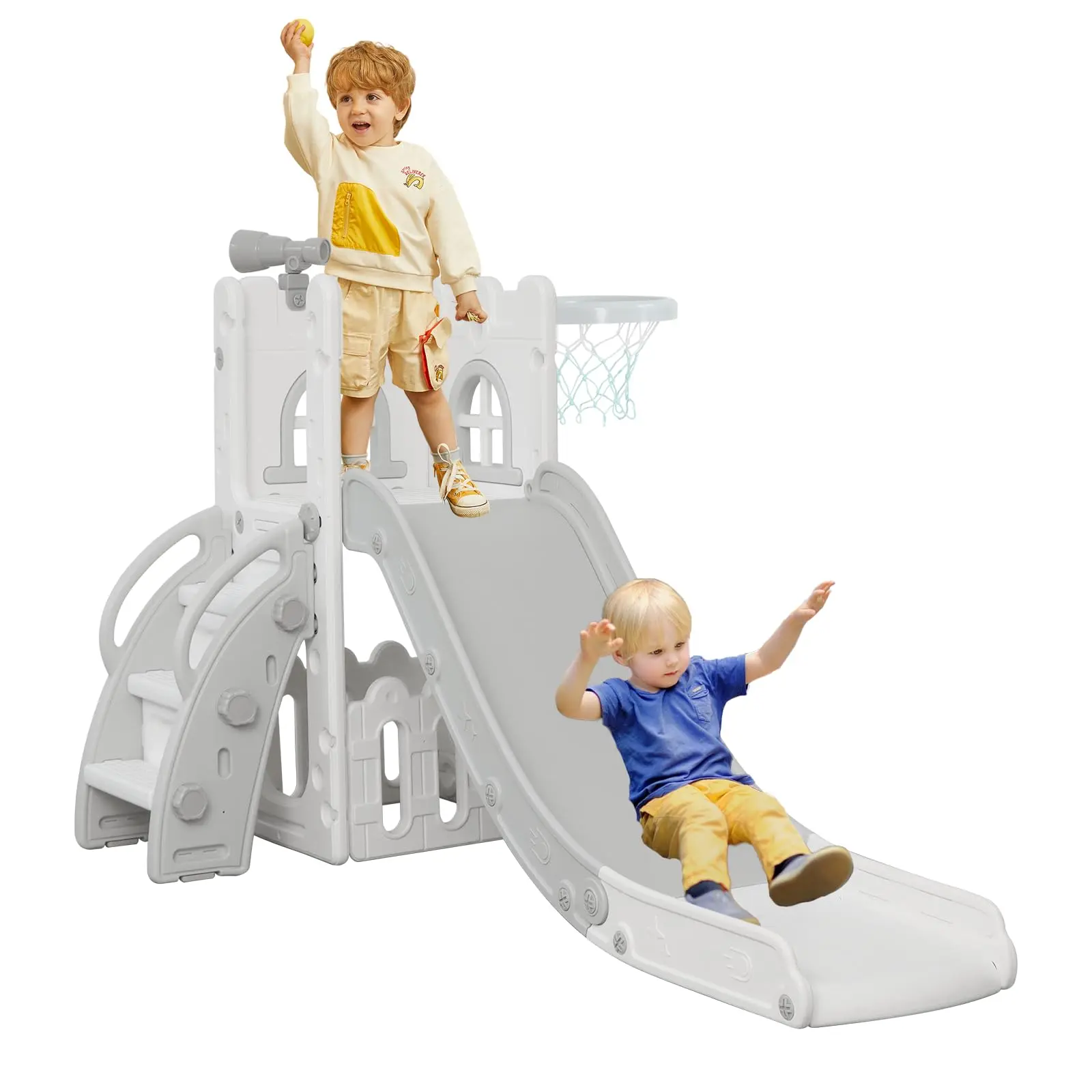 Toddler Slide and Climber Playset, 6-in-1 L-Shaped Plastic Multi-Use Play Structure with Supportive Rails for Indoor Outdoor Fun, for Unisex Kids with Basketball Hoop & Storage