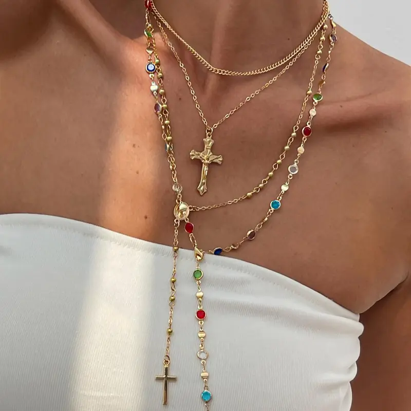 4 Piece Set Vintage Metal Jesus Cross Y-Style Long Necklace, Chain Necklaces, Stackable Necklace, Faith Style Necklaces, Bohemian Style Colorful Crystal Glitter Religious Cross Design Pendant Jewelry, Gift for Women