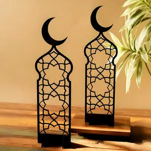 Ramadan Eid Acrylic Decor Stands, Islamic Crescent Moon Table Decor, Arched Frame with Arabic Geometric Pattern, Home Decor