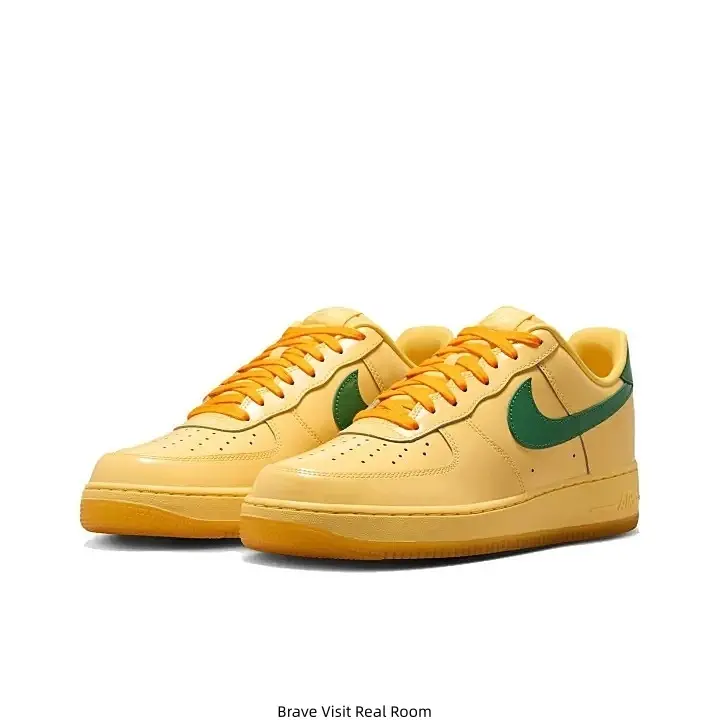 Light Yellow Green Swoosh Retro Low Top Air Force Casual Sneakers Yellow Rubber Outsole Smooth Leather Daily Walking Shoes for Men Women Street Fashion Trainers
