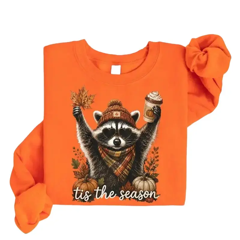 Retro Autumn Raccoon Sweatshirt, Funny Pumpkin Raccoon Crewneck, Cozy Fall Coffee Graphic Sweatshirt, Cute Woodland Animal Sweatshirt, Halloween Autumn Pullover - TrendWear USA