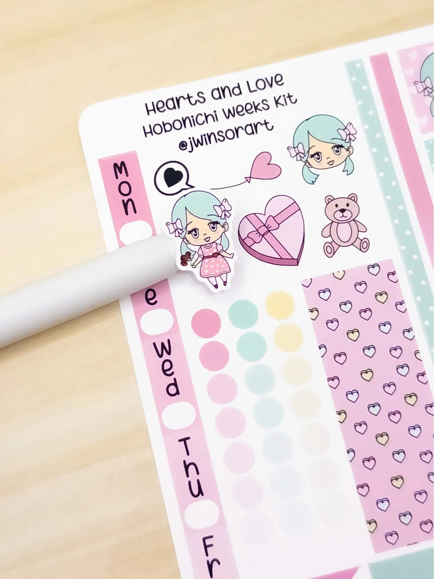 Hearts and Love Angie Hobo Weeks Planner Kit Sticker Sheet Valentines Day Hobonichi Bujo Cute Kawaii Chibi Girl