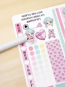 Hearts and Love Angie Hobo Weeks Planner Kit Sticker Sheet Valentines Day Hobonichi Bujo Cute Kawaii Chibi Girl
