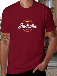 Men's Australia Letter Print Round Neck Tee, Regular Fit Casual Short Sleeve T-shirt for Summer, Men's Top for Daily Wear, Tropical