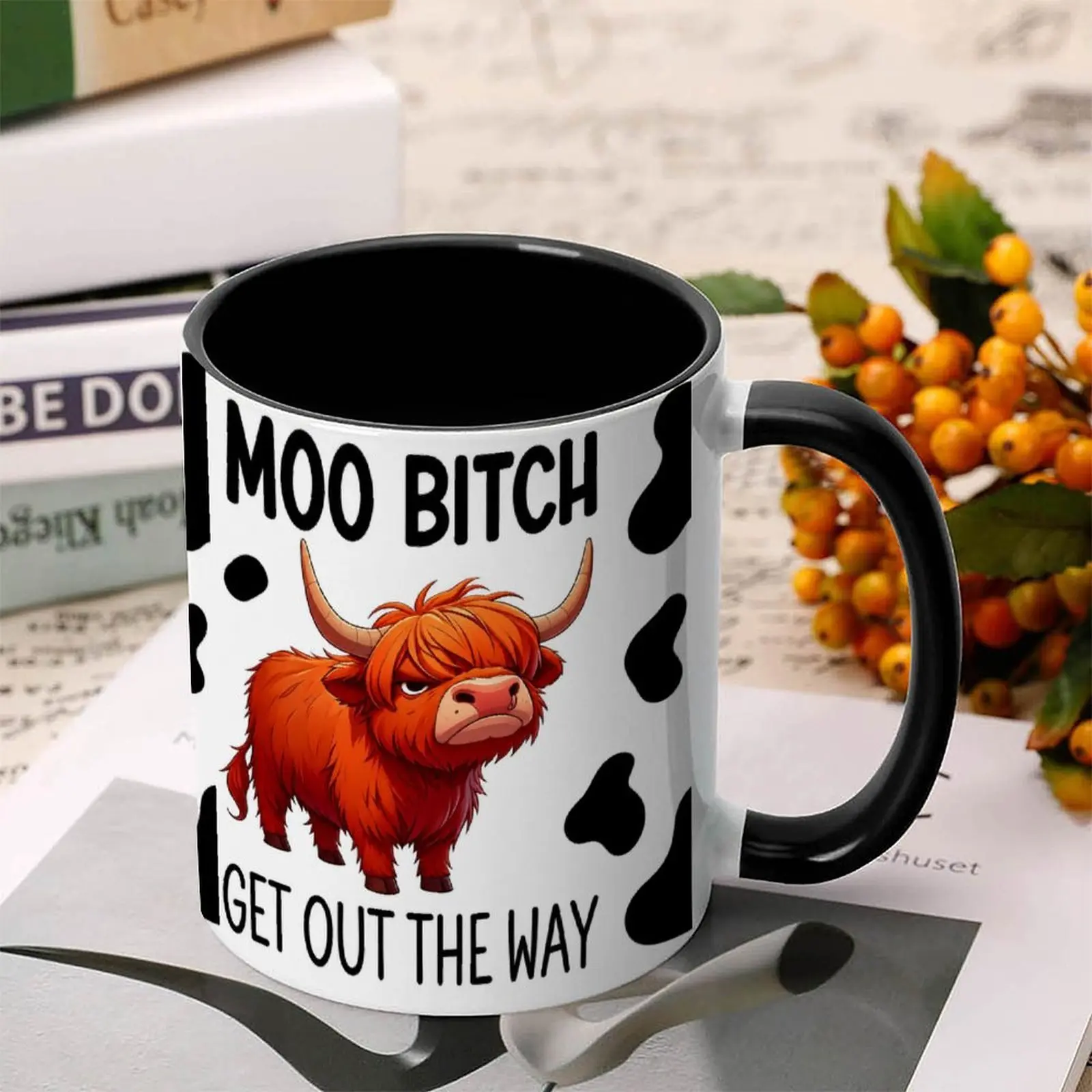 11oz Porcelain Cow Print Mug with Handle, Funny Highland Cow Attitude Coffee Cup, Sassy Farm Animal Quote Drinkware, Humoristic Novelty Gift Ideas for Friends