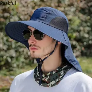 Summer Outdoor Fishing Bucket Hat for Men Wide Brim UV Sun Protection Cap with Neck Flap Sunshade for Hiking Camping Travel