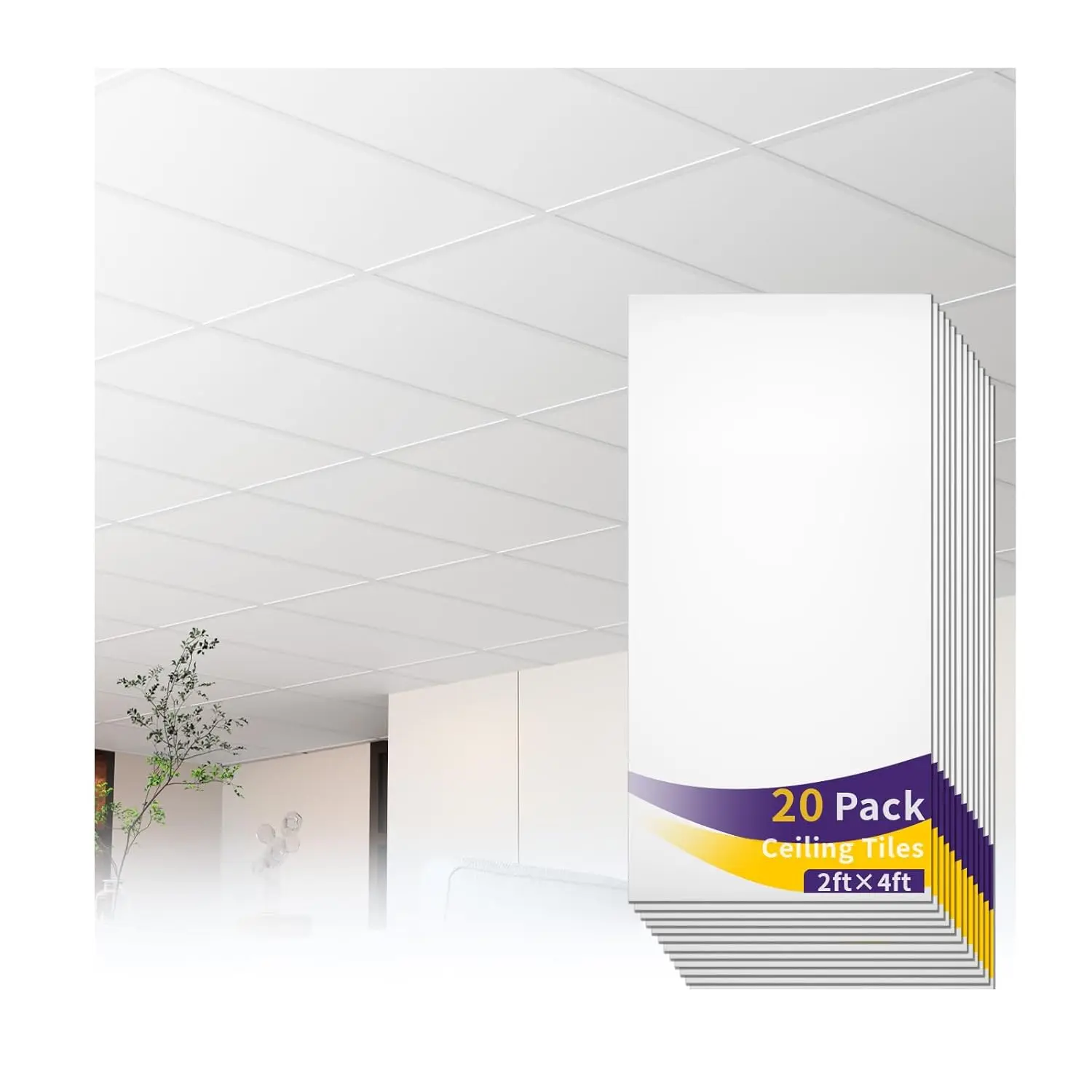 LOOYEE 20 PCS 2 x 4 FT Drop Ceiling Tiles White PVC Smooth Ceiling Panels Waterproof Fire-Rated Prevent Breakage Cover 160 Sq.Ft