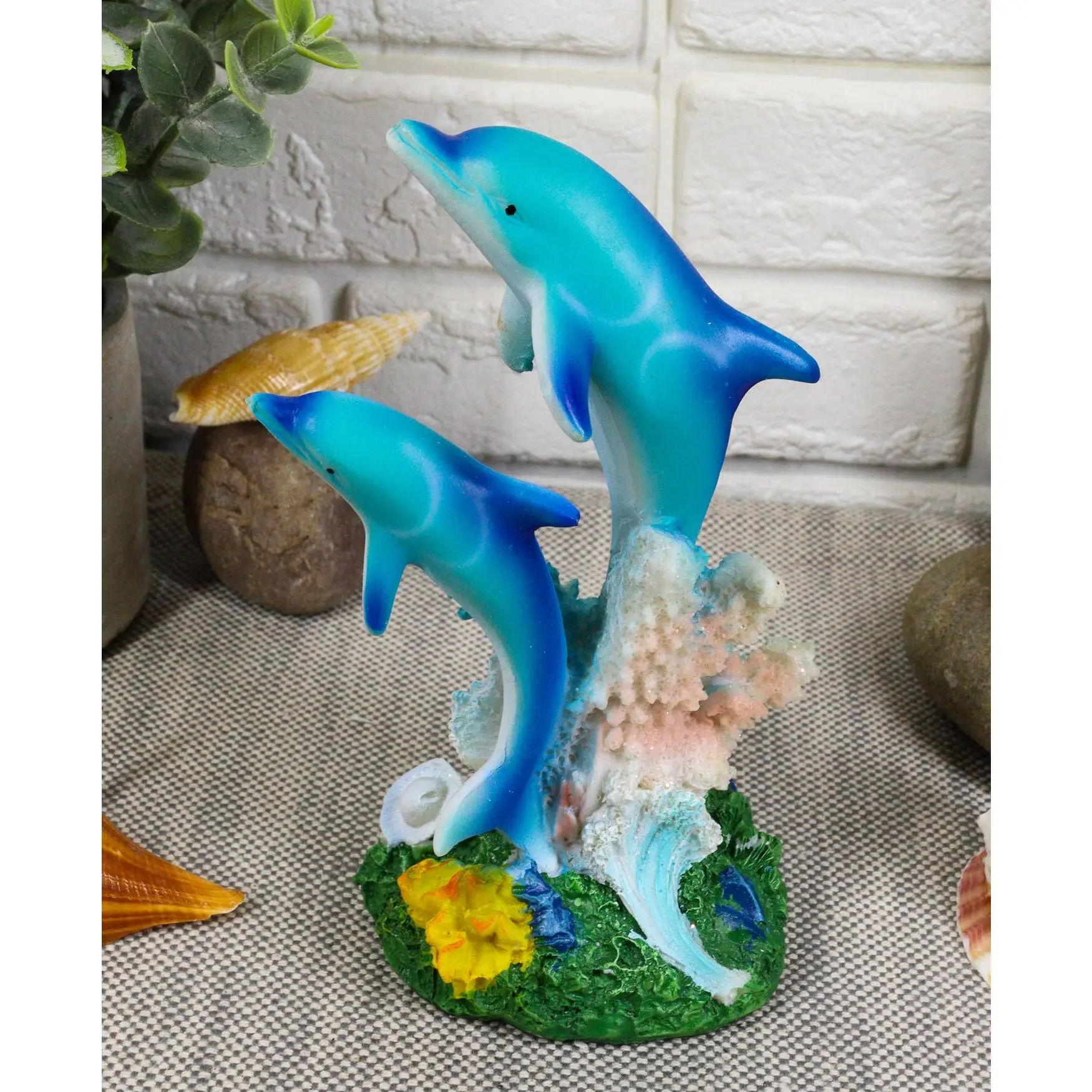 Sea World Nautical Two Bottlenose Dolphins Swimming By Coral Reefs Statue 5.5"H