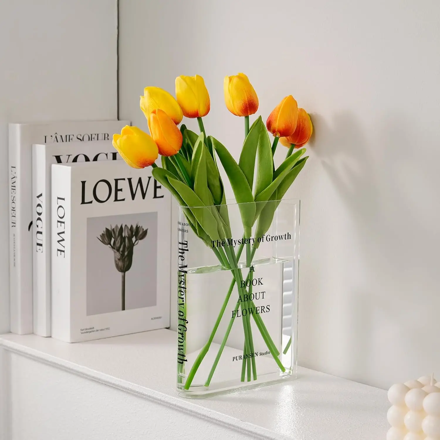 Clear Book Flower Vase - Floral Bookshelf Decor,  Flower Holder & Space-Saving Organizer, Modern Home Office/Study Desk Minimalist Aesthetic (Not Including )