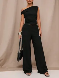 Women's Asymmetrical Shoulder Top + Loose Wide Leg Pants Set, Casual Business Slimming Fit, Spring & Fall Fashion, 2 Piece Outfit