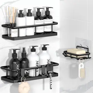 Black Wall-Mounted Shower Holder, 3/5 Pack, No Drill Bathroom Shower Organizers, with Removable Hooks, Rust Proof Shower Shelves caddy Versatile Rack Fathersdaygifts