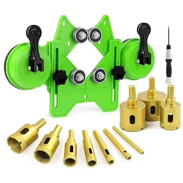 Diamond Hole Saw Kit, 10 PCS Dry/Wet Brazing Tile Core Guide Jig Hollow Drill Bits Sets with Double Suction Cups for Ceramic, Glass, Porcelain, Marble