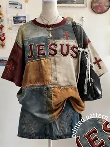 Vintage Patchwork Graphic T-Shirt, Bright Colors, Comfortable Jesus Cross Faith Pattern, Round Neck, Casual Daily Wear