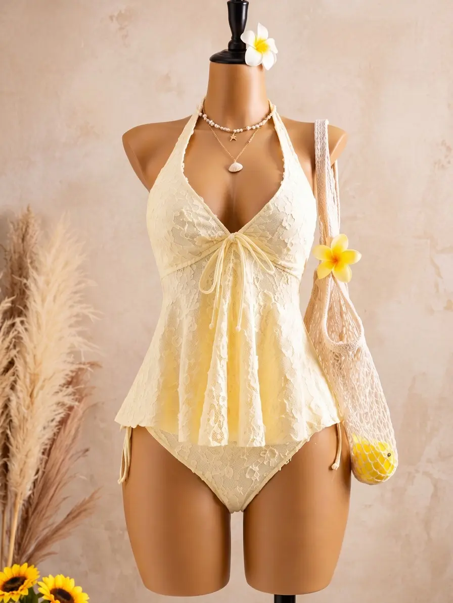 Womens Peplum Halter Tankini Set,fashion， Slimming Tummy ControlHigh Waisted Swimsuits 2 Piece, Soft Creamy Hue