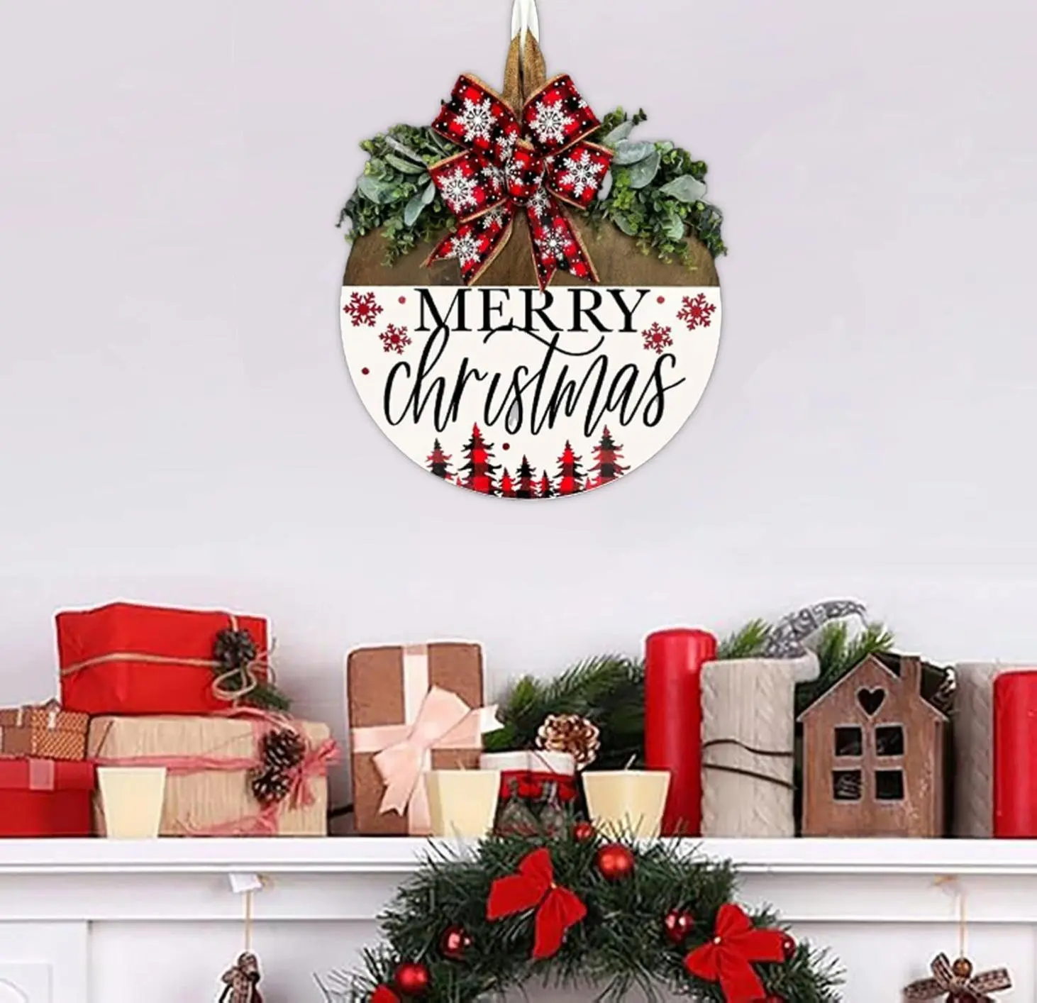 Christmas Welcome Wreath Decorations, Merry Christmas Hanging Sign for Front Door, Wooden Door Wreath with Bow for Holiday Rustic Farmhouse Outdoor Wall Window Decor (Style B)