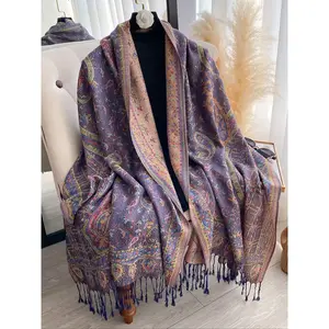 Bohemian Paisley Imitation Wool Scarf, Long Tassel Design Soft Shawl, Fringe Trim Shawl, Suitable for All Seasons Daily Wear Head Wrap Accessory