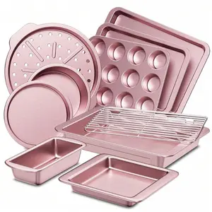 Baking Pans Set, Nonstick Oven Pan For Kitchen With Wider Grips, 10 Pieces Including Rack, Cookie Sheet, Cake Pans, Loaf Pan, Muffin Pan, Pizza Pan Tray Home Bakeware Square Classic Handles Heavy Duty Stackable Steel Pink