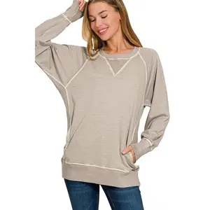 Zenana Pigment Dyed French Terry Pullover with Pockets - Ash Mocha