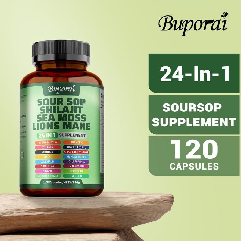 Buporai 24-in-1 Dietary Supplement, 120 capsules, is rich in antioxidants and contains extracts of high-quality ingredients such as soursop, shilajiri, seaweed, and lion's mane mushroom to support skin, joint, and bone health.