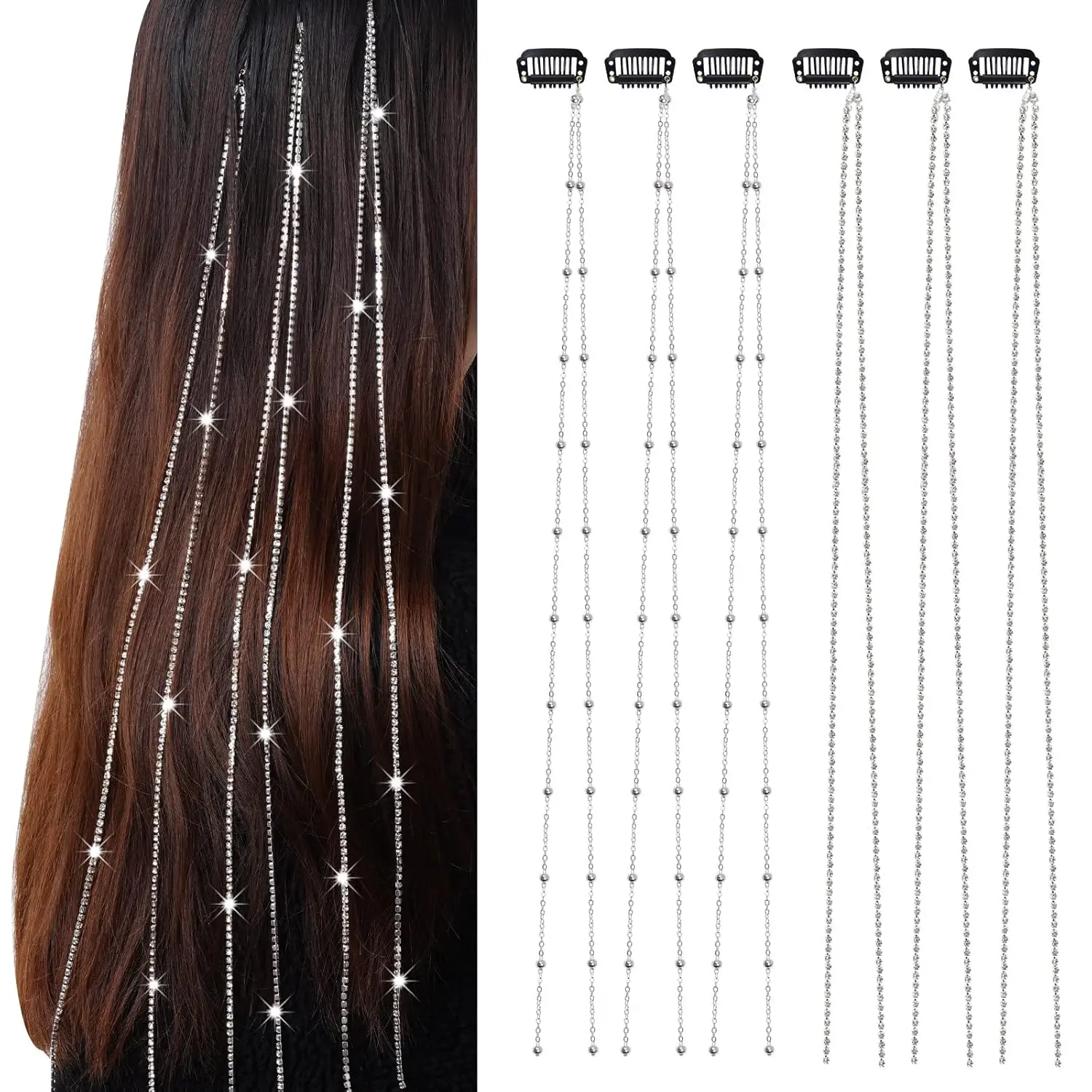 6Pcs Hair Jewelry for Braids Rhinestone Hair Chains Clip In Bling Tassel Hair Charms Accessories for Women Girls Festival Rave,