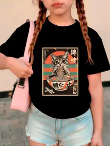 Girls' Casual Round Neck Short Sleeve Top, Graphic Shirt, Japanese Ukiyo-E Cat Eating Noodles Print, Comfortable Fitted Shirt for All Seasons