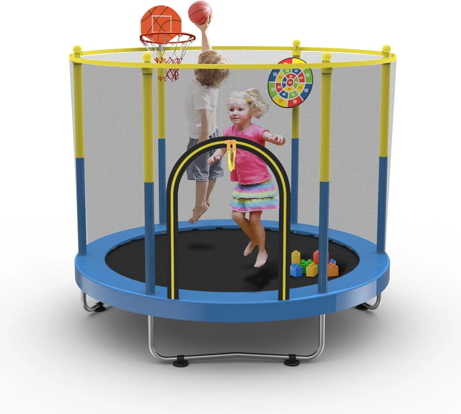 60" Toddler Trampoline, 5FT Mini Kids Trampoline with Basketball Hoop and Adjustable Gymnastics Bar, Indoor Outdoor Trampoline for Toddlers Ages 2-4, ASTM Approved