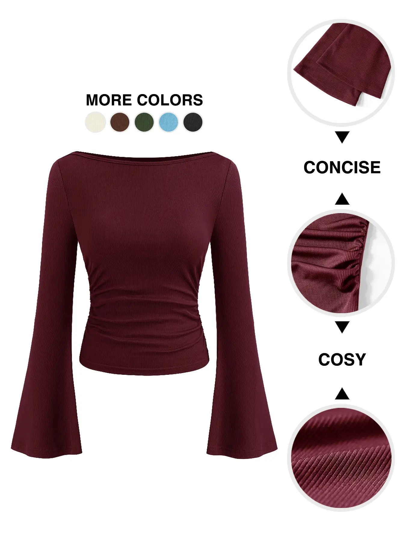 Women's Autumn and Winter Boat Neck Flared-Sleeve Ruched Tee, Ribbed Short-Length Long-Sleeve Knit Base Layer Top, Knitwear, Comfortable, Soft and Breathable, Suitable for Outdoor Activities, Commuting and Casual Wear