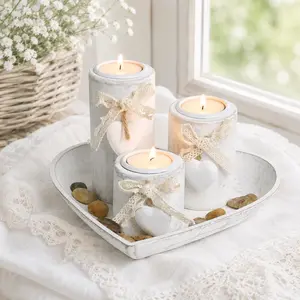 HOMESTRUM White Wooden Candle Holder Set of 3 Tealight Holders with Burlap Bow & Decorative Stone Heart-Shaped Tray for Halloween Christmas Table Display Modern Simple Candle Holder Set