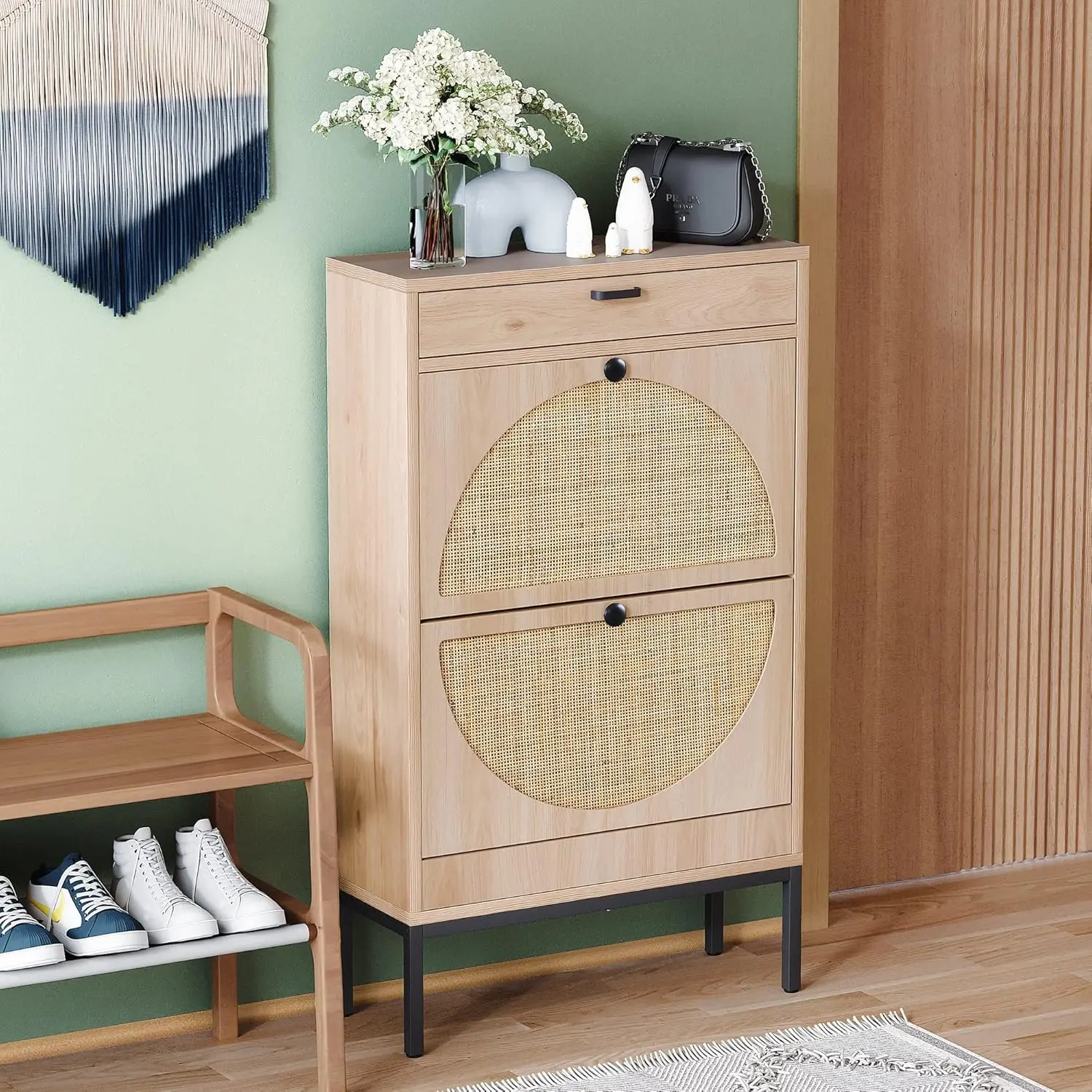 Yechen Shoe Rack Storage Organizer with 2 Natural Semi-Circular Rattan Doors, Entryway Wooden Shoe Cabinet for Sneakers, Leather Shoes, High Heels, Slippers(Oak, Black)