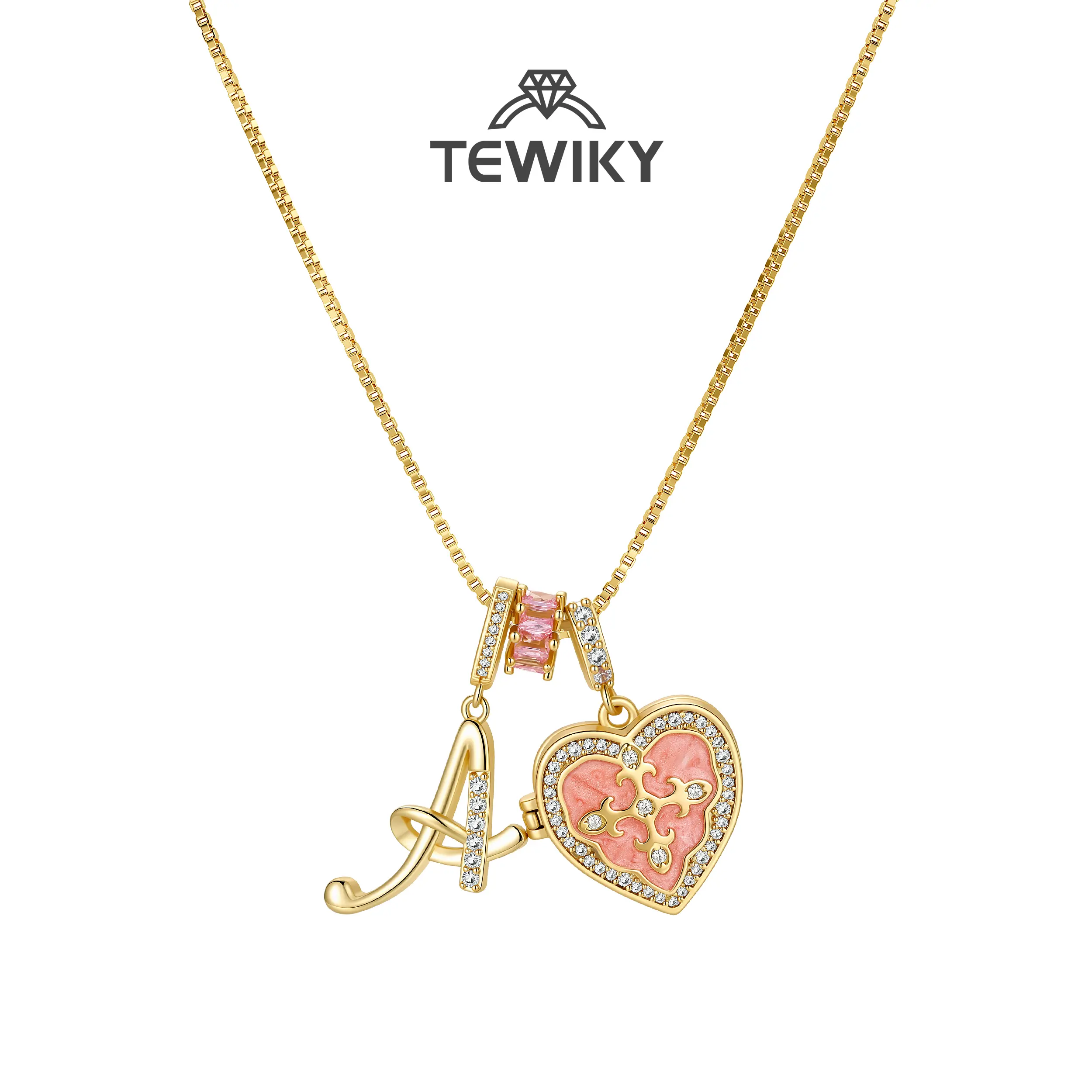 Tewiky Personalized A-Z Initial Necklace, Gold Letter Pendant Necklace with Pink Heart Fleur De Lis Cross Charm, CZ Alphabet Necklace, Dainty Layering Jewelry, Waterproof Necklace, Gift for Women