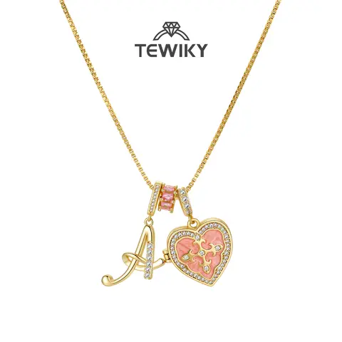 Tewiky Personalized A Z Initial Necklace, Gold Letter Pendant Necklace with Pink Heart Fleur De Lis Cross Charm, CZ Alphabet Necklace, Dainty Layering Jewelry, Waterproof Necklace, Gift for Women