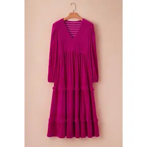 Rose Red Shirred V Neck Tiered Ruffled Velvet Plus Size Maxi Dress