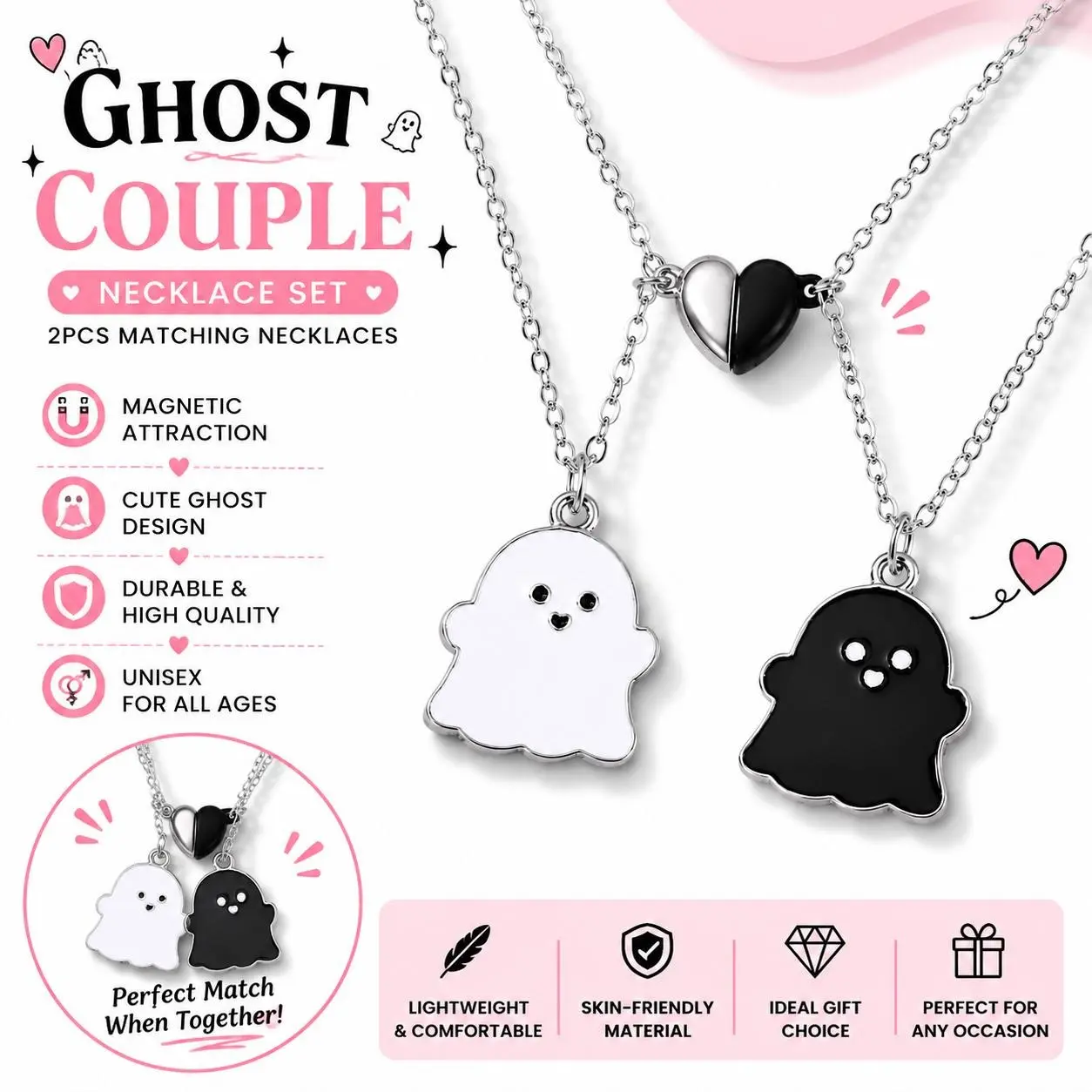 Unisex 2Pcs Cute Magnetic Heart Ghost Pendant Choker Set, Short Enamel Mutual-Attract Matching Chain Jewelry Necklaces, Casual Halloween Fashion Accessories Birthday Gift, Dressing, Classic