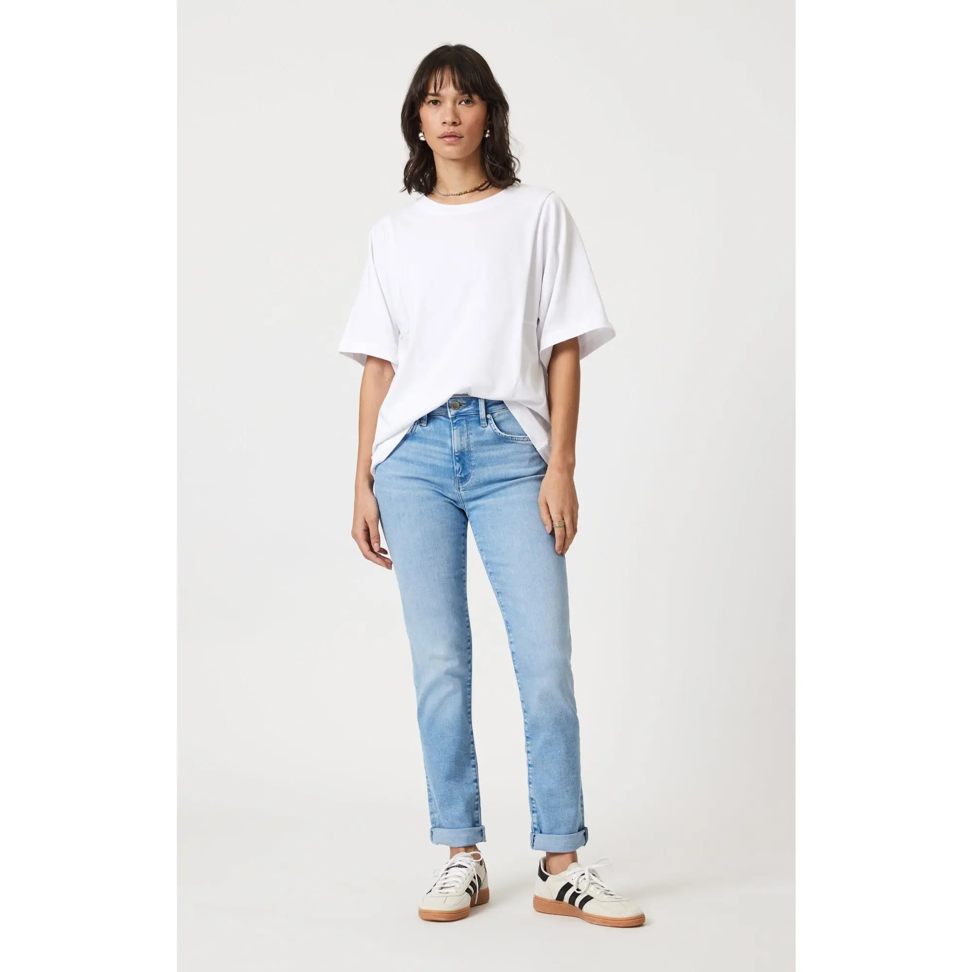 Women's Kathleen Slim Boyfriend Cuffed Jeans - Light Feather Blue, Mid-Rise Soft Cotton-Polyester Blend Fabric Bottoms for On-The-Go Wear