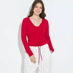 Women's Lace Trim V-Neck Cardigan Sweater - Wild Fable Red XS