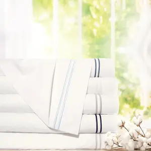 300 TC Percale 100% Long Staple Cotton Duvet Set (White-Blue, King/Cal King)
