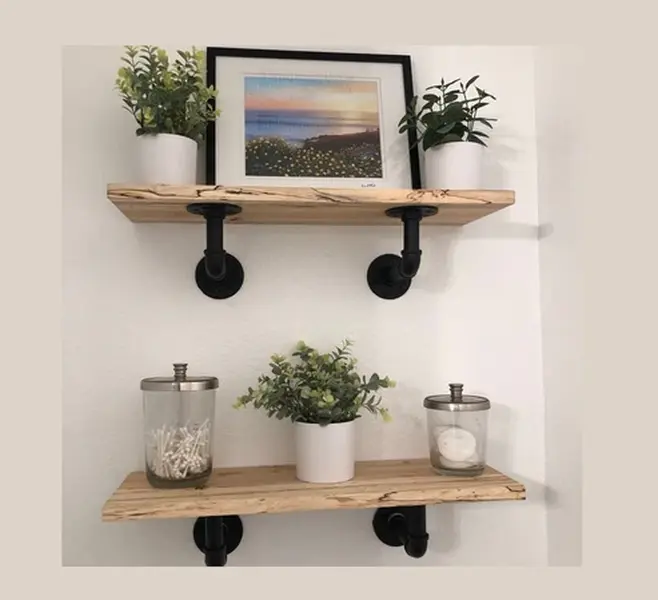 Spalted Maple Live Edge Wall Mount Wooden Shelf - Industrial Glossy Epoxy Eco-Friendly Finish, Handcrafted Rustic Home Decor Organizer with Steel Hardware for Easy Installation (Ideal for Books, Plants) - Ash, Cherry, Black Walnut, Oak, Sycamore Options,